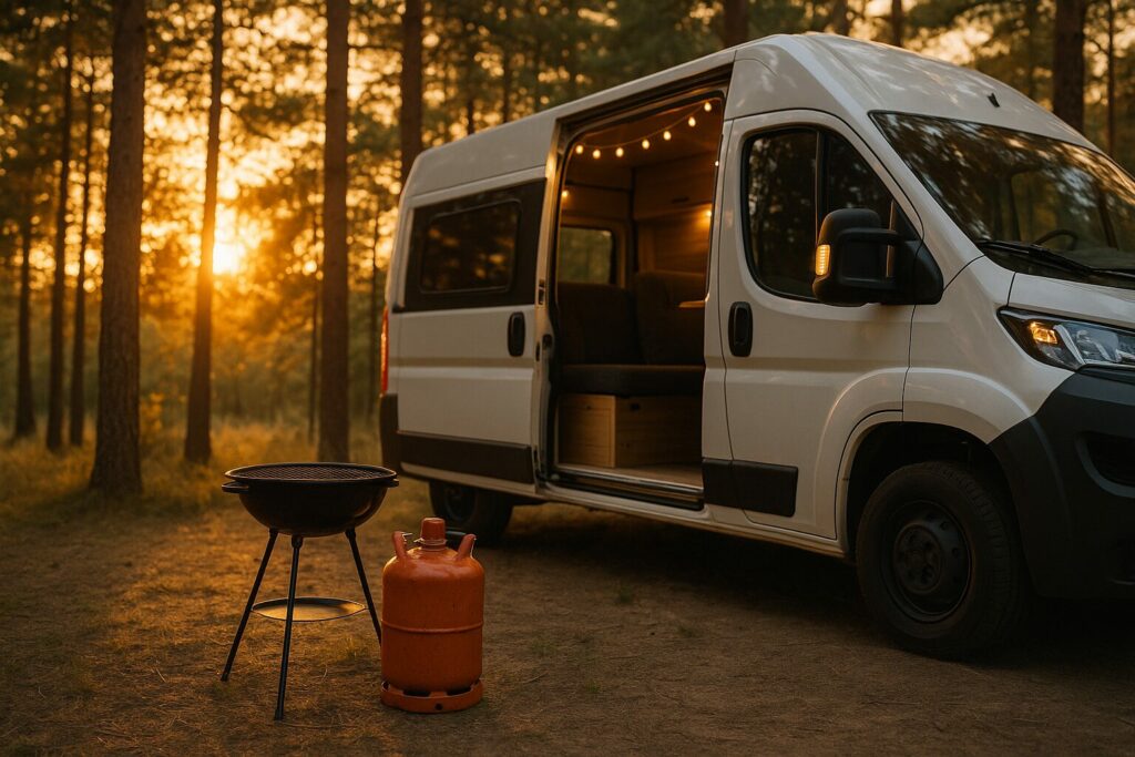 Camper mit Gasflasche an einem ruhigen Stellplatz bei Sonnenuntergang