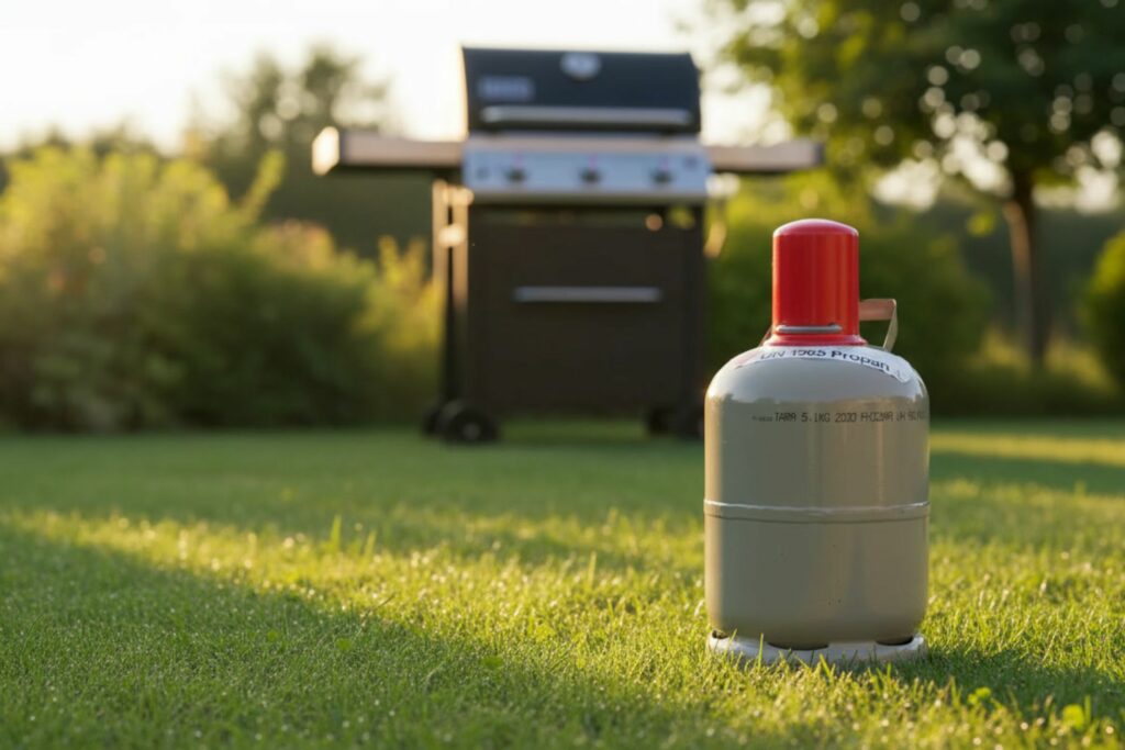 Gasflasche mit abgelaufener TÜV-Prüffrist vor einem Gasgrill auf einer Wiese