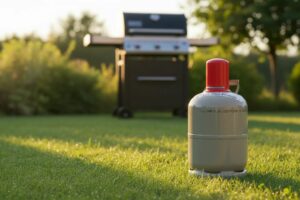 Gasflasche mit abgelaufener TÜV-Prüffrist vor einem Gasgrill auf einer Wiese